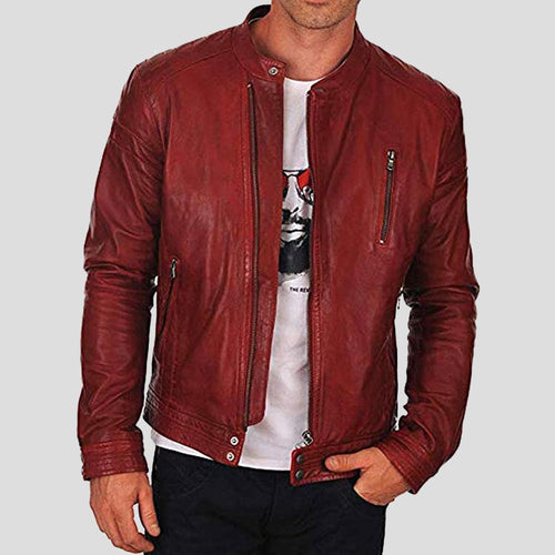 Dominic Red Racer Leather Jacket - Shearling leather