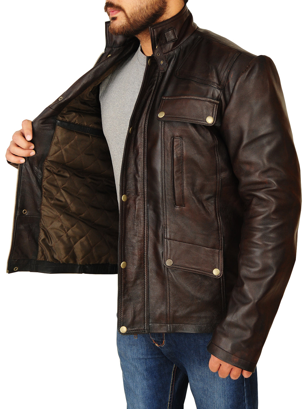 Men Dark Brown Leather Jacket - Shearling leather