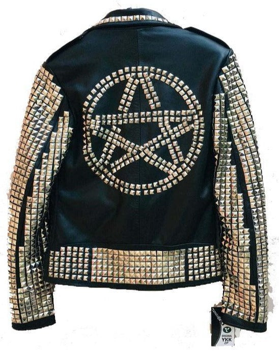 Men's Punk Style Golden Studded Black Zipper Leather Jacket - Shearling leather