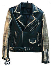 Load image into Gallery viewer, Men&#39;s Punk Style Golden Studded Black Zipper Leather Jacket - Shearling leather

