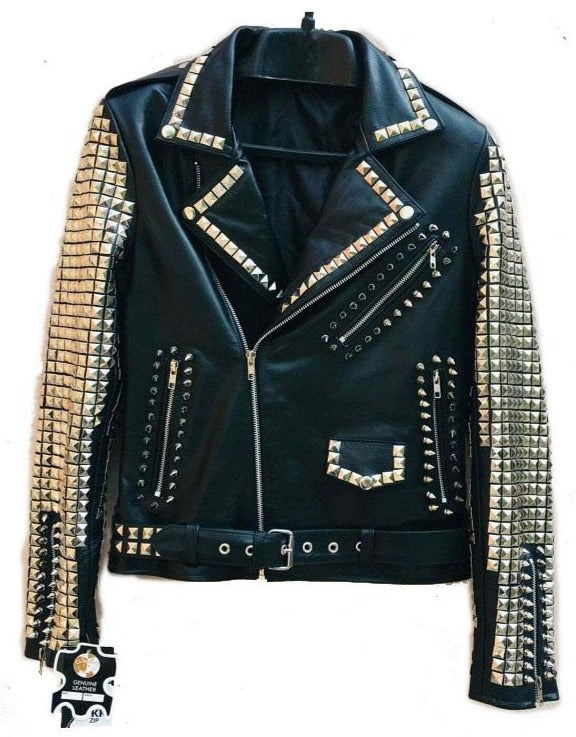 Men's Punk Style Golden Studded Black Zipper Leather Jacket - Shearling leather