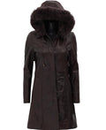 Dark Brown Leather Coat for Women With Removable Fur Hood