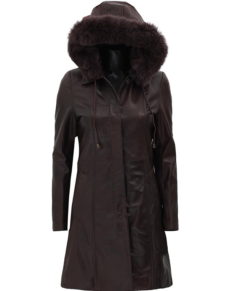 Dark Brown Leather Coat for Women With Removable Fur Hood