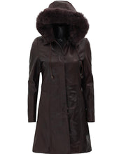 Load image into Gallery viewer, Dark Brown Leather Coat for Women With Removable Fur Hood
