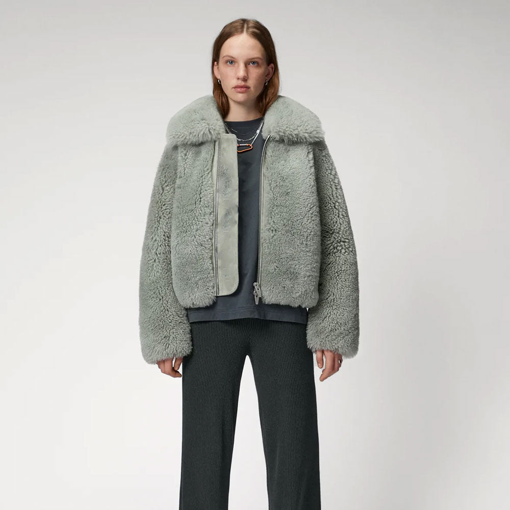 New Grey Womens Winter Shearling Short Fox Fur Jacket