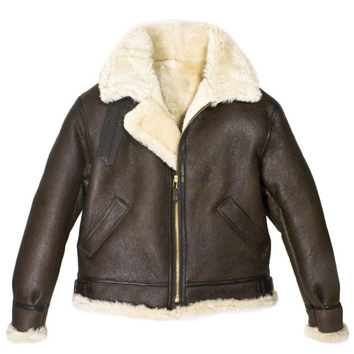Mens Brown B-3 Bomber Genuine Leather Jacket - Shearling leather