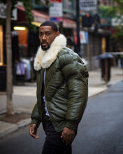 Load image into Gallery viewer, MEN V BOMBER JACKET - MONEY GREEN (OFF WHITE FUR) - Shearling leather
