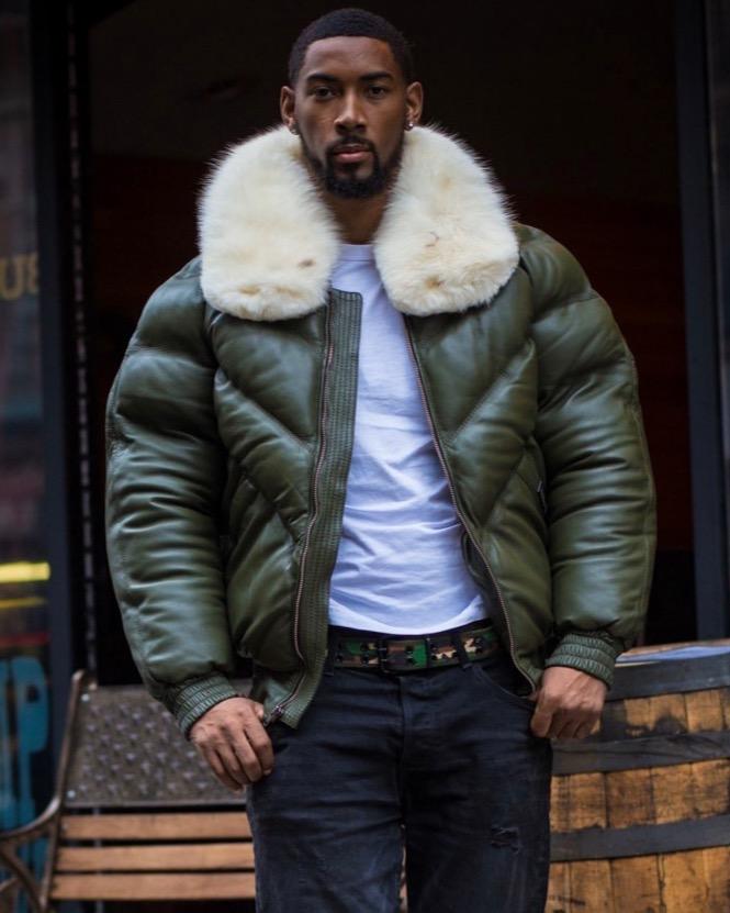 MEN V BOMBER JACKET - MONEY GREEN (OFF WHITE FUR) - Shearling leather