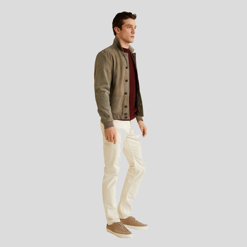 Oren Grey Suede Bomber Leather Jacket - Shearling leather