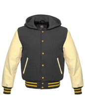 Load image into Gallery viewer, Grey Varsity Hoodie - Shearling leather
