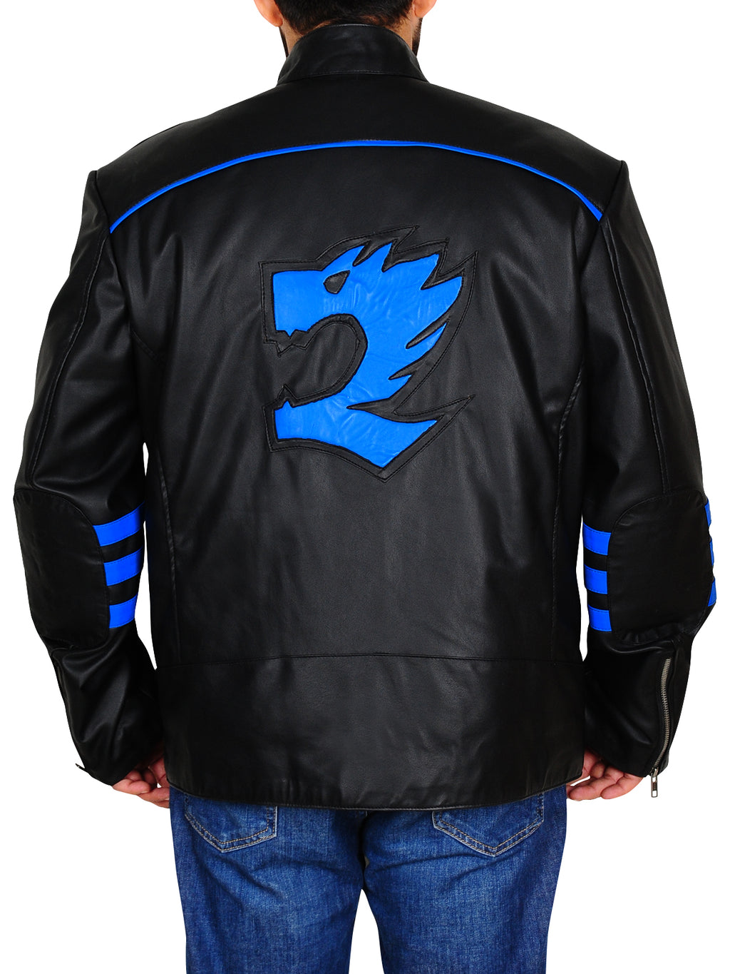 Black & Blue Biker Leather Jacket - Shearling leather