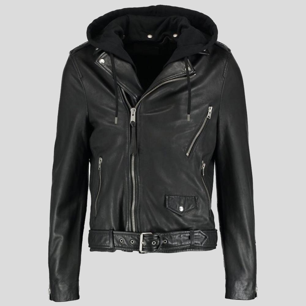 Lupe Black Removable Hooded Leather Jacket - Shearling leather