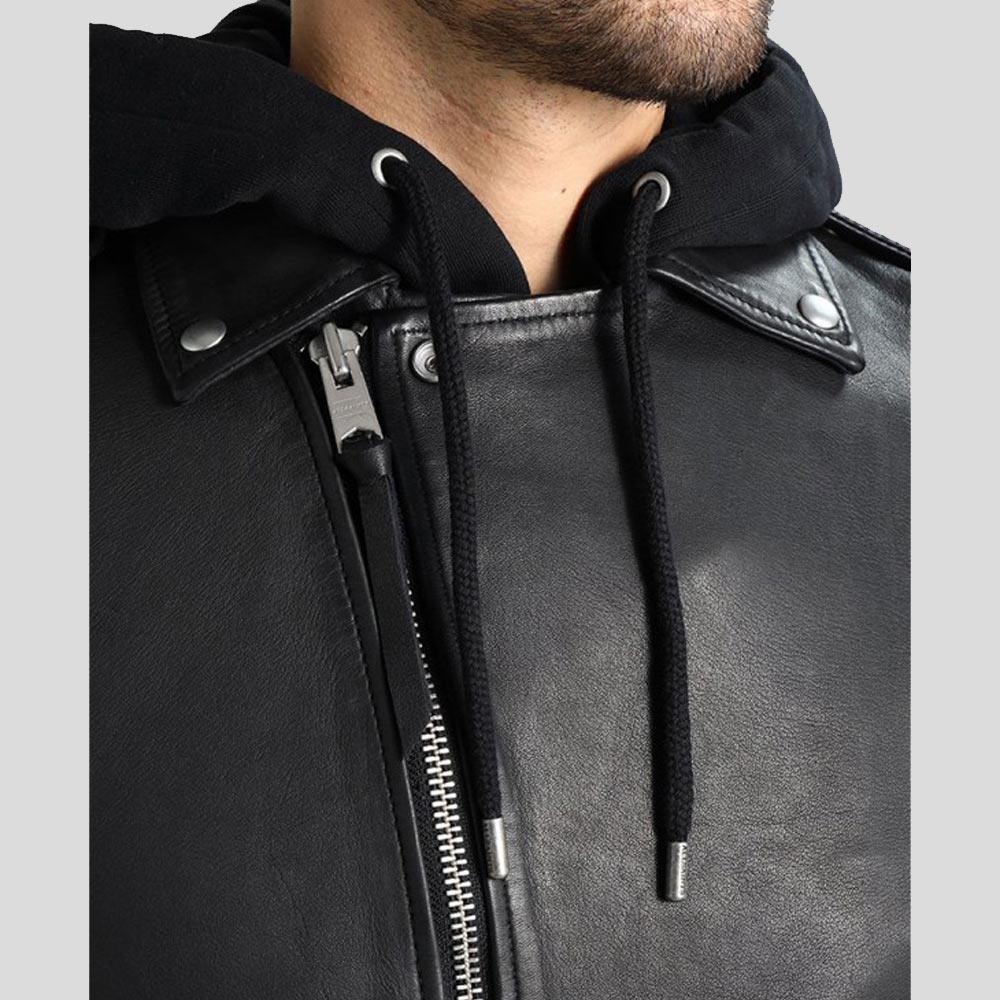 Lupe Black Removable Hooded Leather Jacket - Shearling leather