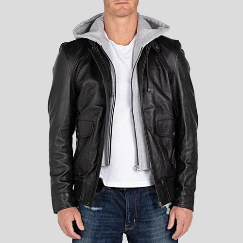 Marc Black Removable Hooded Leather Jacket - Shearling leather