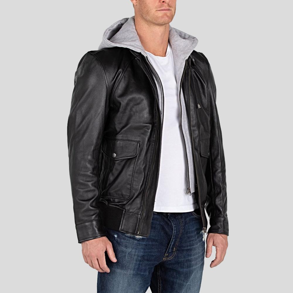 Marc Black Removable Hooded Leather Jacket - Shearling leather