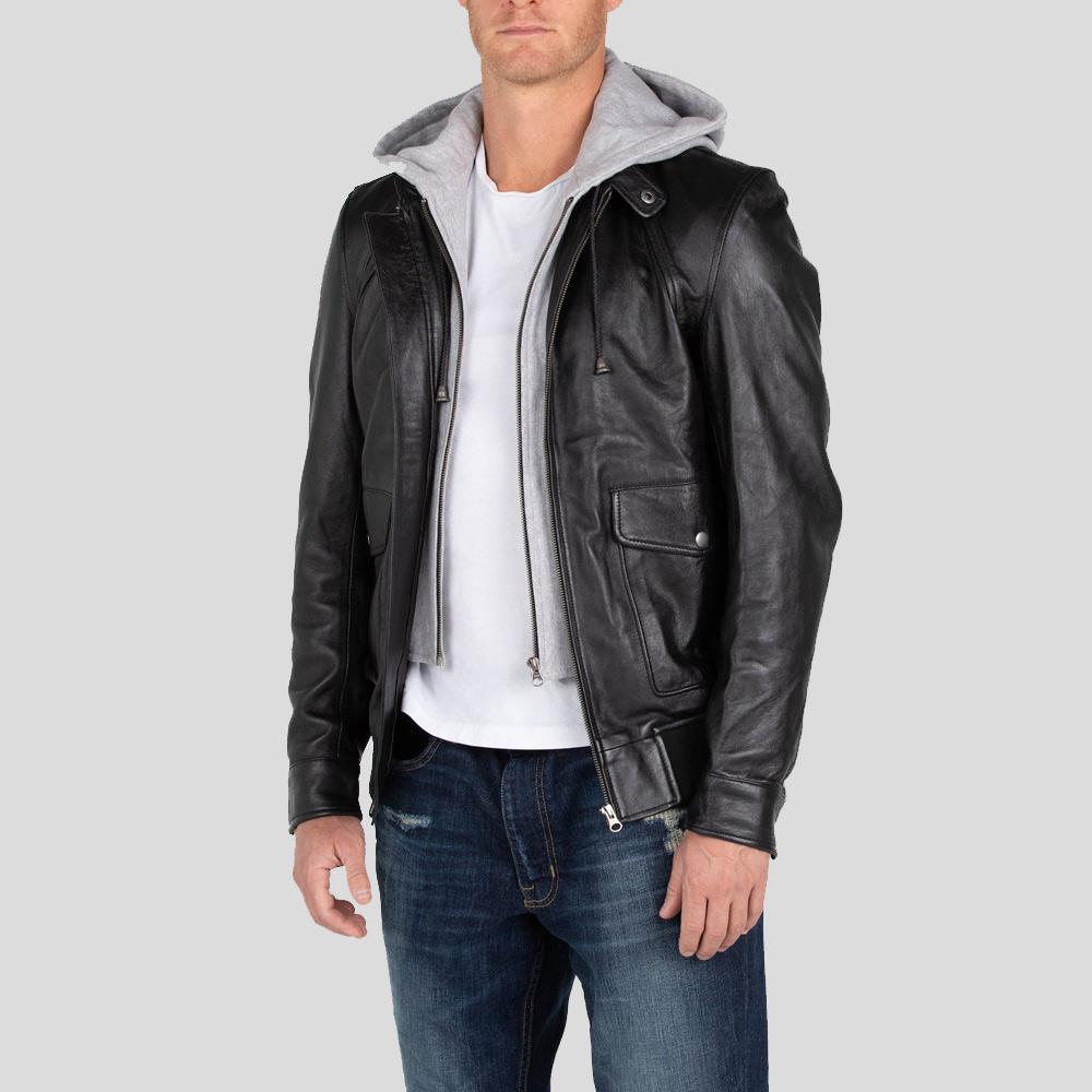 Marc Black Removable Hooded Leather Jacket - Shearling leather