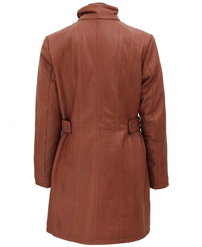 Womens 3/4 Length Brown Leather Coat With Removable Fur Hood