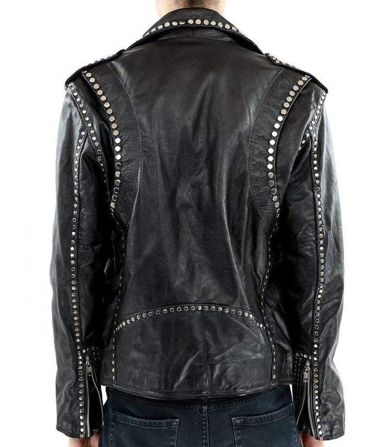 Men Silver Studded Jacket Black Punk Silver Spiked Leather Belted Biker Jacket - Shearling leather