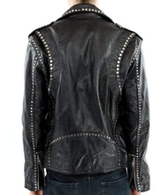 Load image into Gallery viewer, Men Silver Studded Jacket Black Punk Silver Spiked Leather Belted Biker Jacket - Shearling leather
