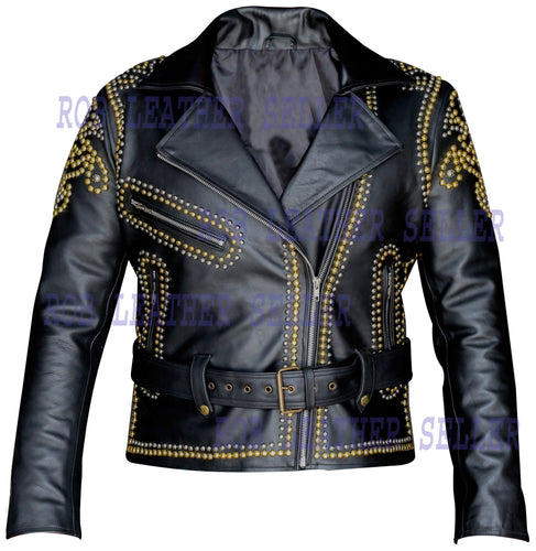 Women Leather Jacket Ladies Biker Jacket Golden Pine Studs Design - Shearling leather