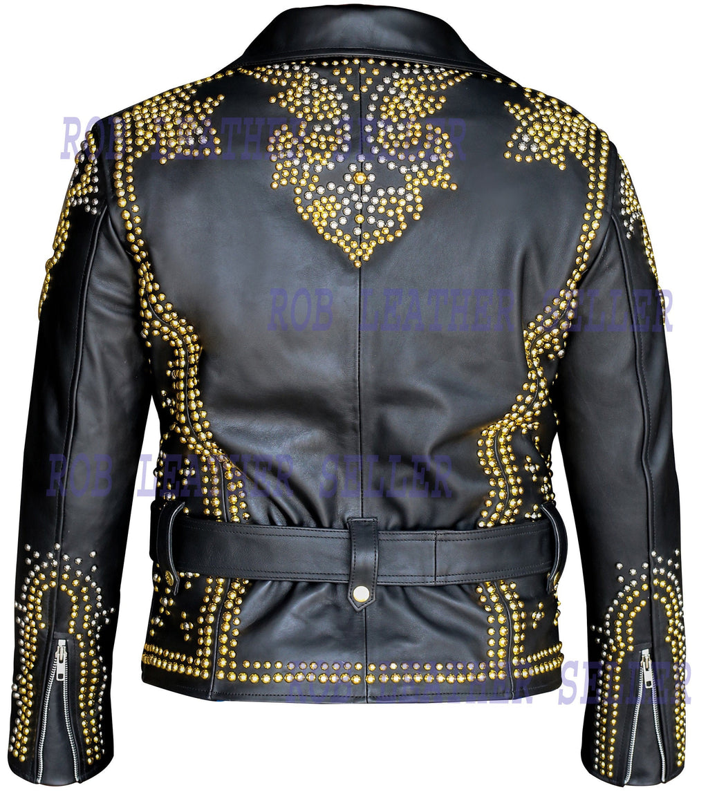 Women Leather Jacket Ladies Biker Jacket Golden Pine Studs Design - Shearling leather