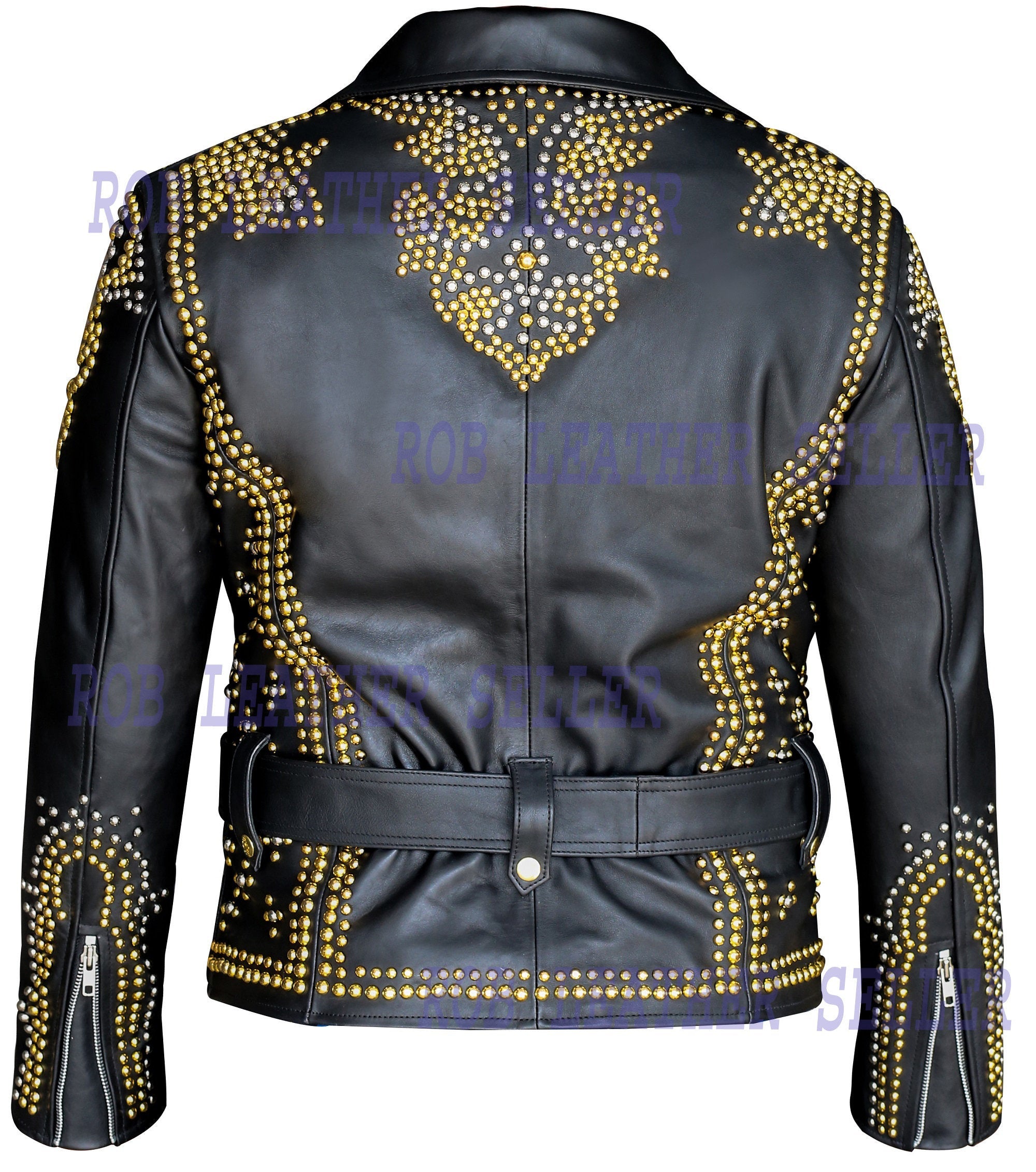 Women Leather Jacket Ladies Biker Jacket Golden Pine Studs Design - Shearling leather