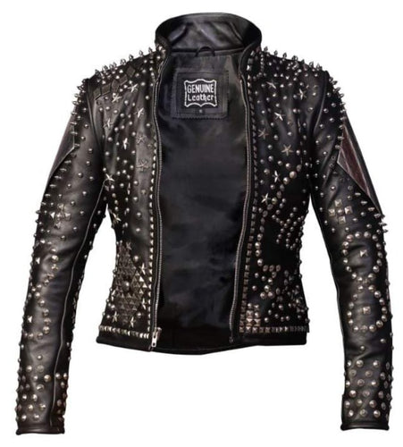 Women Rockers Punk Studded Jacket Leather Multi Design Chain Weird Science - Shearling leather