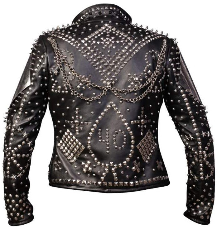 Women Rockers Punk Studded Jacket Leather Multi Design Chain Weird Science - Shearling leather