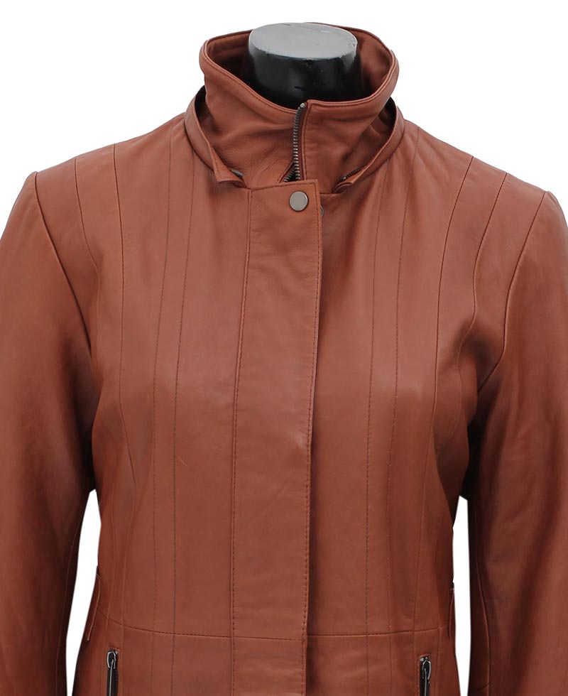 Womens 3/4 Length Brown Leather Coat With Removable Fur Hood