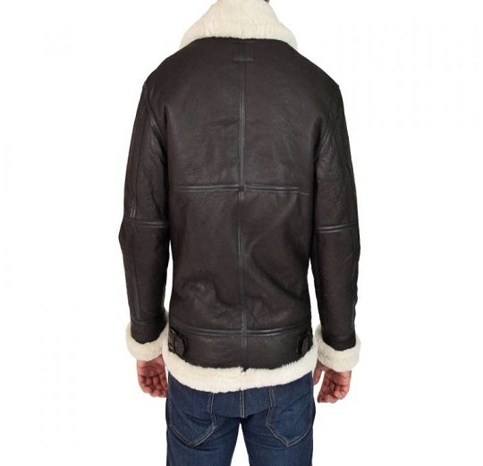 Men Jet Black B3 Bomber Leather Jacket - Shearling leather