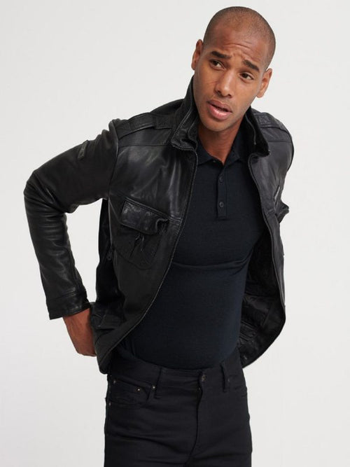 Black Leather Jacket - Shearling leather