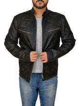 Load image into Gallery viewer, Men Distressed Black Cafe Racer Jacket - Shearling leather
