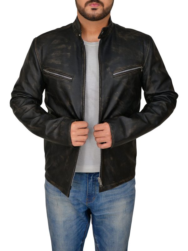 Men Distressed Black Cafe Racer Jacket - Shearling leather