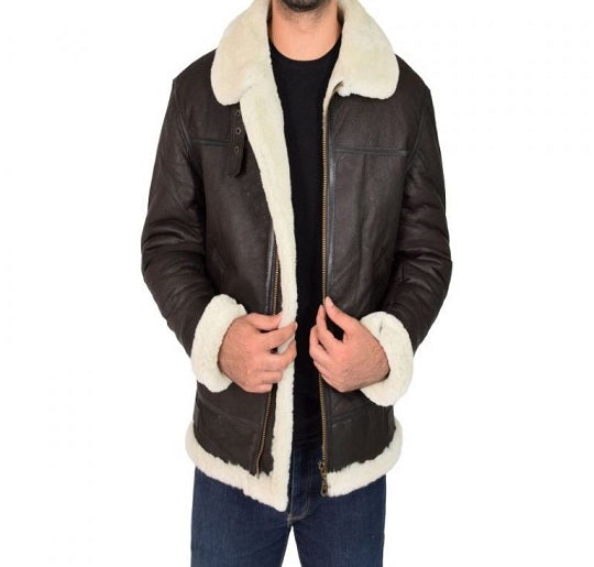 Men Jet Black B3 Bomber Leather Jacket - Shearling leather
