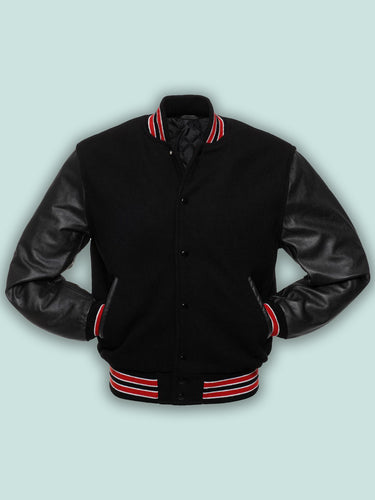 Black Wool Varsity Jacket - Shearling leather