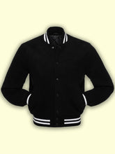 Load image into Gallery viewer, Black Fleece Varsity Jacket - Shearling leather
