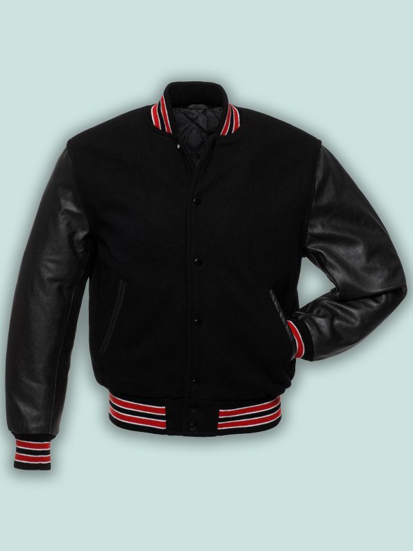Black Wool Varsity Jacket - Shearling leather