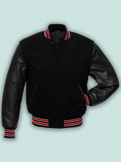 Black Wool Varsity Jacket - Shearling leather