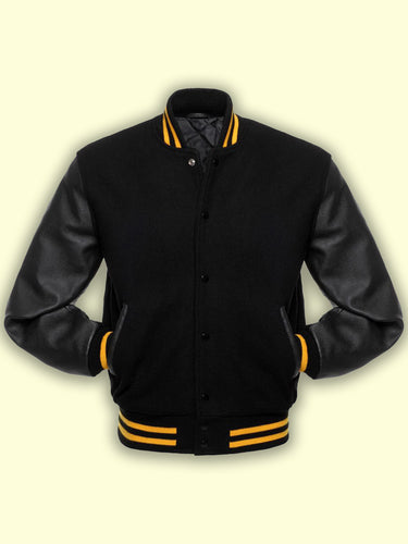 Jet Black Wool Varsity Jacket - Shearling leather