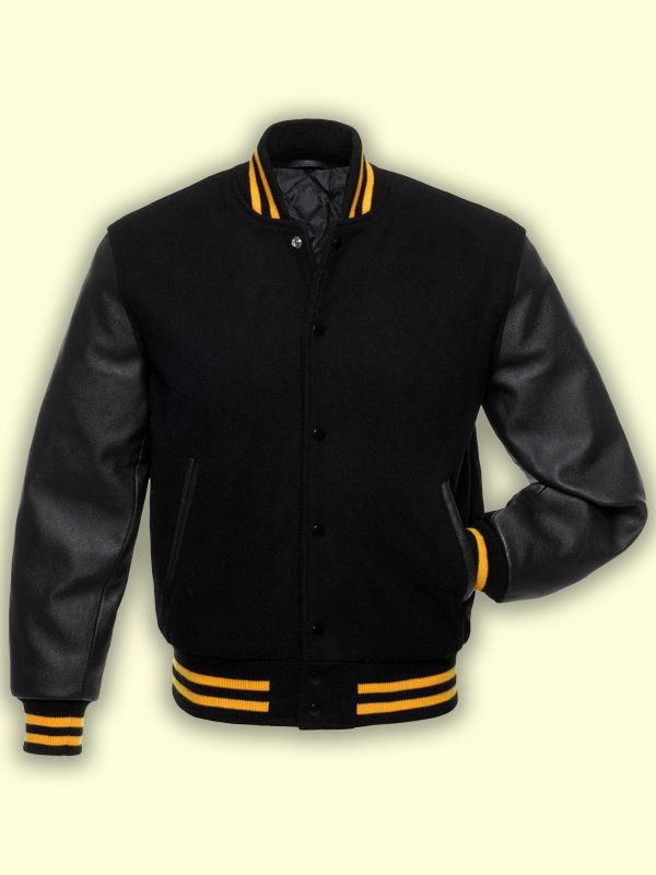 Jet Black Wool Varsity Jacket - Shearling leather