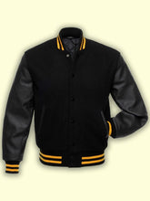 Load image into Gallery viewer, Jet Black Wool Varsity Jacket - Shearling leather

