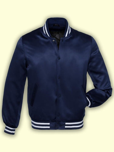 Navy Blue Satin Jacket - Shearling leather