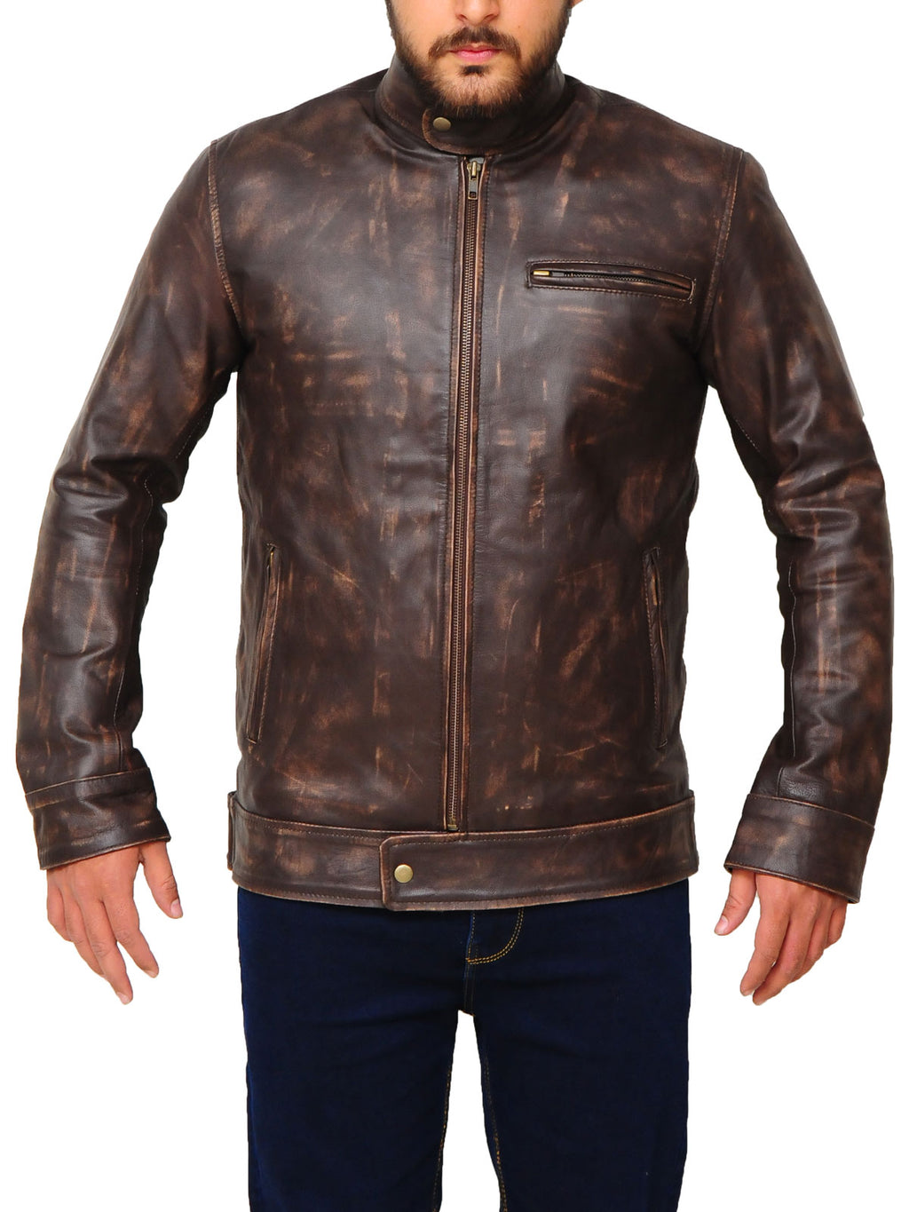 Distressed Brown Snap Tab Jacket - Shearling leather