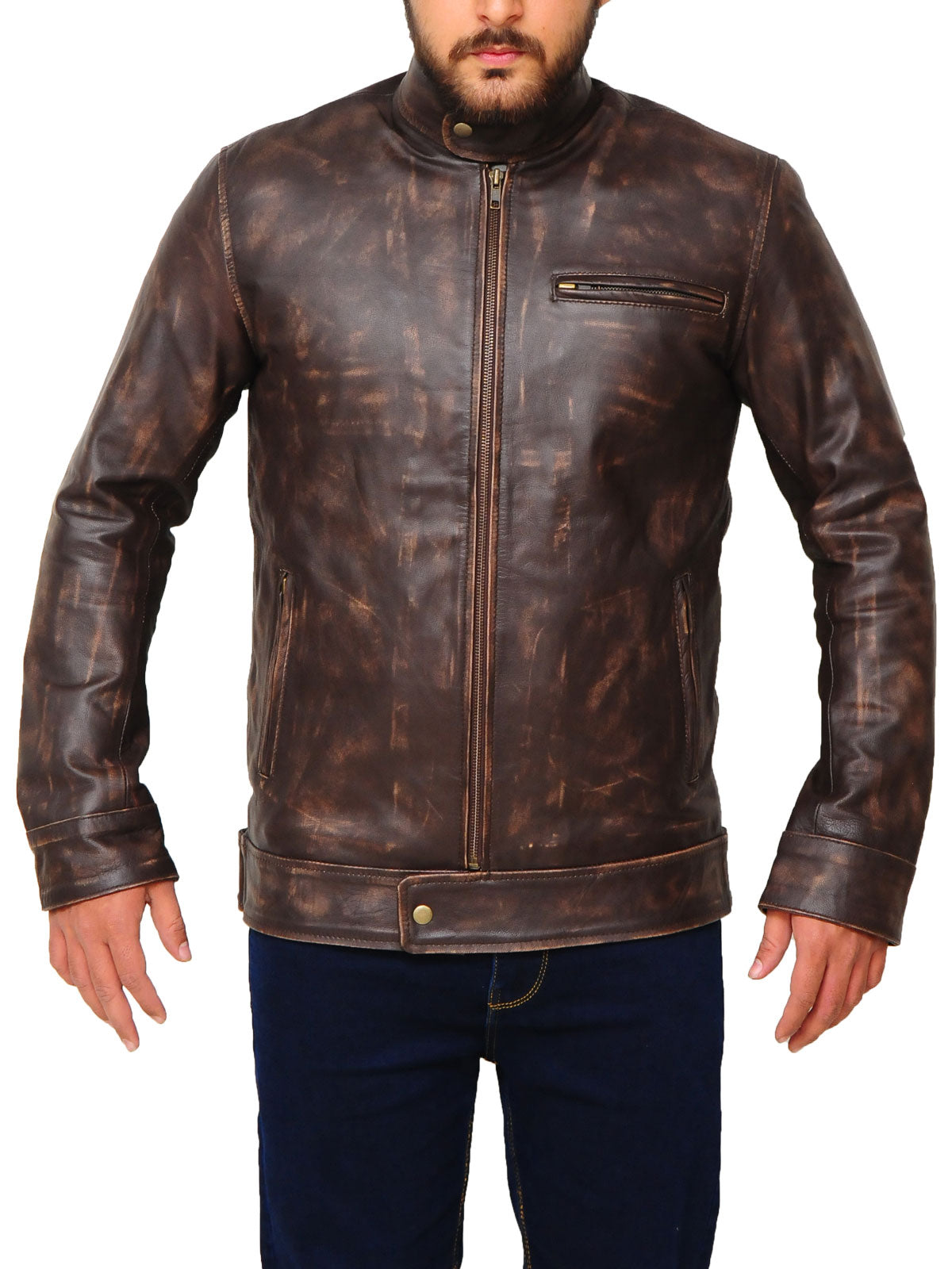 Distressed Brown Snap Tab Jacket - Shearling leather