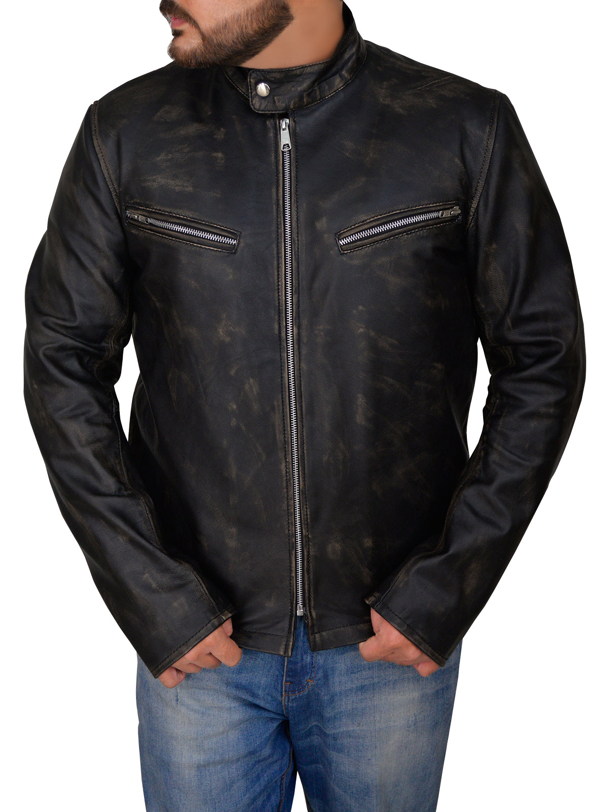 Men Distressed Black Cafe Racer Jacket - Shearling leather