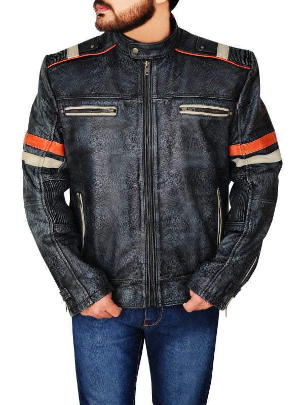 Men Distressed Black Cafe Racer Jacket - Shearling leather