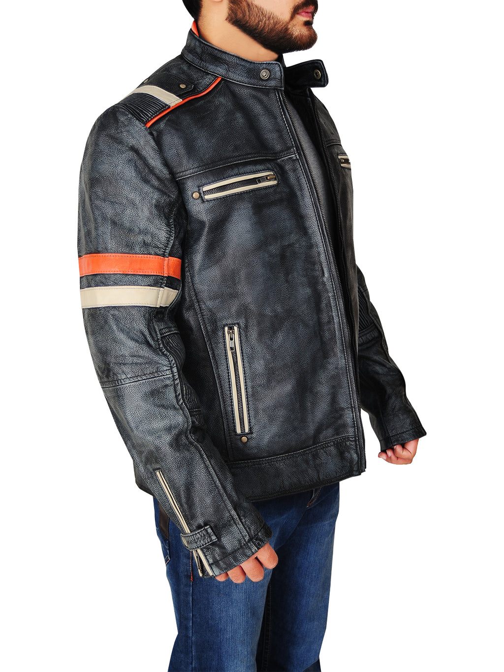 Men Distressed Black Cafe Racer Jacket - Shearling leather