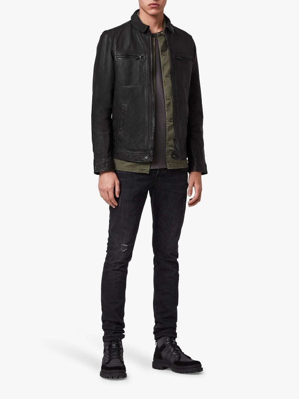 Men Solid Black Leather Jacket - Shearling leather