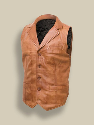 Men Tan Brown Vest - Shearling leather