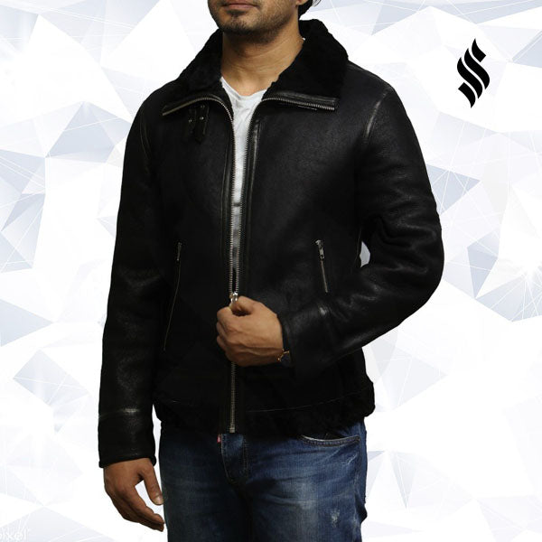 Men's Aviator Black B3 World War2 Real Shearling Sheepskin Flying Jacket - Shearling leather